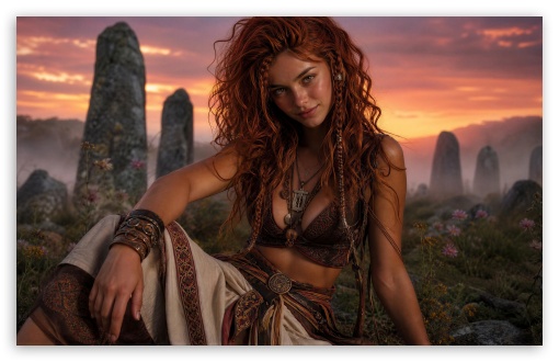 Celtic Red-haired Woman with Braids UltraHD Wallpaper for UHD 16:9 ; HD 16:9 ; UltraWide 21:9 24:10 32:9 32:10 ; Widescreen 16:10 ; Tablet 1:1 ; Mobile 9:16 9:19.5 9:20 ; Dual 16:10 16:9 ;