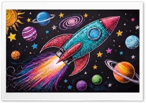 Chalkboard Space Rocket - Back to School 4K UHD Wallpaper for Widescreen and UltraWide Desktop, UltraHD TV, Smartphone, Tablet
