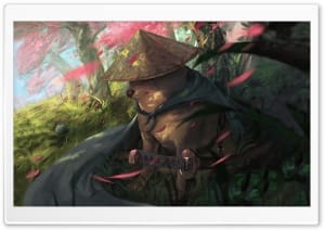 Cheems Doge Ronin Samurai Cherry Blossom Painting Art 4K UHD Wallpaper for Widescreen and UltraWide Desktop, UltraHD TV, Smartphone, Tablet