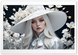 Chic Girl with White Hair, White Hat, White Flowers Art Ultra HD Wallpaper for 4K UHD Widescreen Desktop, Lockscreen, Screensaver, TV, Tablet, Smartphone