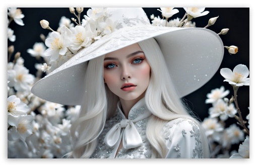 Chic Girl with White Hair, White Hat, White Flowers Art UltraHD Wallpaper for UHD 16:9 ; HD 16:9 ; UltraWide 21:9 24:10 32:9 32:10 ; Widescreen 16:10 5:3 ; Fullscreen 4:3 5:4 3:2 ; Tablet 1:1 ; Mobile 9:16 9:19.5 9:20 10:16 2:3 3:5 3:4 ; Dual 16:10 5:3 16:9 4:3 5:4 3:2 ;