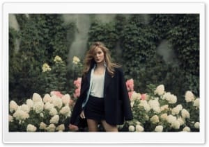 Chic Woman in Oversized Blazer Posing in a Hydrangea Garden 4K UHD Wallpaper for Widescreen and UltraWide Desktop, UltraHD TV, Smartphone, Tablet