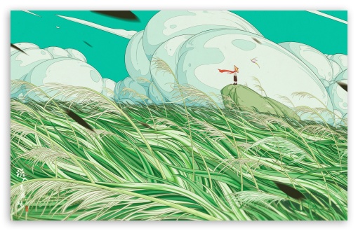 Child in a Windswept Grassland Illustration UltraHD Wallpaper for UHD 16:9 ; HD 16:9 ; UltraWide 21:9 24:10 32:9 32:10 ; Widescreen 16:10 ; Tablet 1:1 ; Mobile 9:16 9:19.5 9:20 ; Dual 16:10 16:9 ;