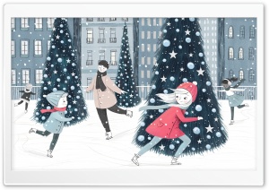 Children Skating on Ice Rink, Winter, Illustration Ultra HD Wallpaper for 4K UHD Widescreen desktop, tablet & smartphone