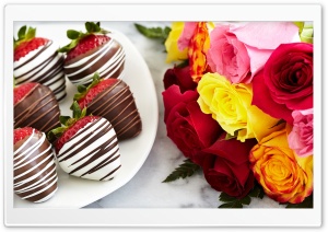 Chocolate Dipped Strawberries and Colorful Roses Ultra HD Wallpaper for 4K UHD Widescreen desktop, tablet & smartphone