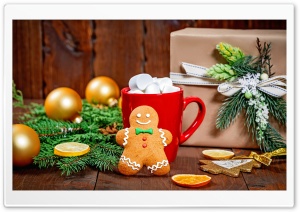 Christmas Sweets, Gingerbread Man, Hot Chocolate, Gift, Fir Tree Branches Ultra HD Wallpaper for 4K UHD Widescreen desktop, tablet & smartphone