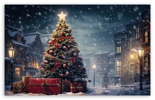 Christmas Tree in Town, Night UltraHD Wallpaper for UHD 16:9 ; HD 16:9 ; UltraWide 21:9 24:10 ; Widescreen 16:10 5:3 ; Fullscreen 4:3 5:4 3:2 ; Tablet 1:1 ; Mobile 9:16 9:19.5 9:20 9:21 9:22 10:16 2:3 3:5 3:4 ;