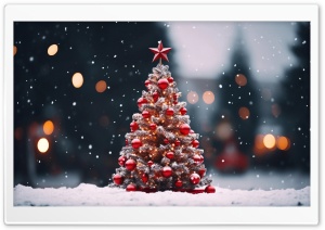 Christmas Tree Outdoors, Snowing, Bokeh Ultra HD Wallpaper for 4K UHD Widescreen desktop, tablet & smartphone
