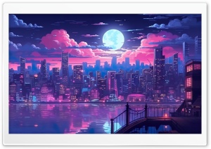 City Illustration, Night, Full Moon, Buildings, Digital Art Ultra HD Wallpaper for 4K UHD Widescreen desktop, tablet & smartphone