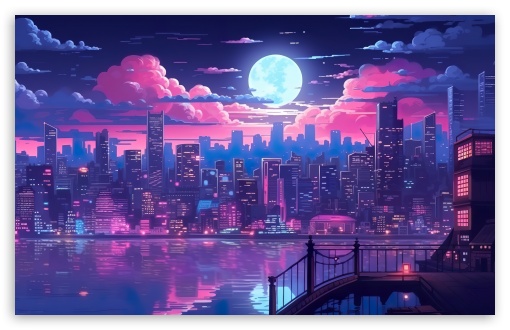 City Illustration, Night, Full Moon, Buildings, Digital Art UltraHD Wallpaper for UHD 16:9 ; HD 16:9 ; UltraWide 21:9 24:10 ; Widescreen 16:10 5:3 ; Fullscreen 4:3 5:4 3:2 ; Tablet 1:1 ;