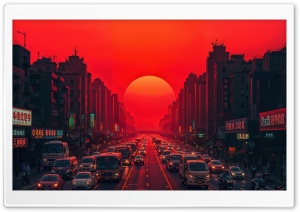 City, Traffic, Highway, Red Sunset, Cars, Urban 4K UHD Wallpaper for Widescreen and UltraWide Desktop, UltraHD TV, Smartphone, Tablet
