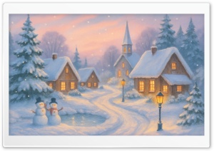 Classic Illustration of a Snowy Village 4K UHD Wallpaper for Widescreen and UltraWide Desktop, UltraHD TV, Smartphone, Tablet