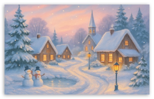 Classic Illustration of a Snowy Village UltraHD Wallpaper for UHD 16:9 ; HD 16:9 ; UltraWide 21:9 24:10 ; Widescreen 16:10 5:3 ; Fullscreen 4:3 5:4 3:2 ; Tablet 1:1 ;