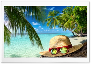 Clear Sea Water, Beach Hat and Sunglasses, Palm Trees Ultra HD Wallpaper for 4K UHD Widescreen desktop, tablet & smartphone