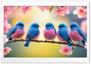 Colorful Birds on Cherry Blossom Branch 4K UHD Wallpaper for Widescreen and UltraWide Desktop, UltraHD TV, Smartphone, Tablet