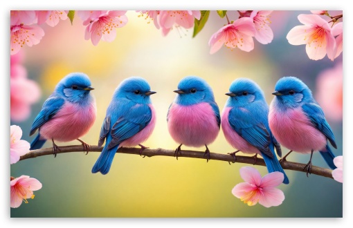 Colorful Birds on Cherry Blossom Branch UltraHD Wallpaper for UHD 16:9 ; HD 16:9 ; UltraWide 21:9 24:10 32:9 32:10 ; Widescreen 16:10 ; Tablet 1:1 ; Dual 16:10 16:9 ;