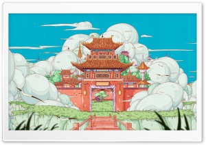 Colorful East Asian Temple Illustration 4K UHD Wallpaper for Widescreen and UltraWide Desktop, UltraHD TV, Smartphone, Tablet