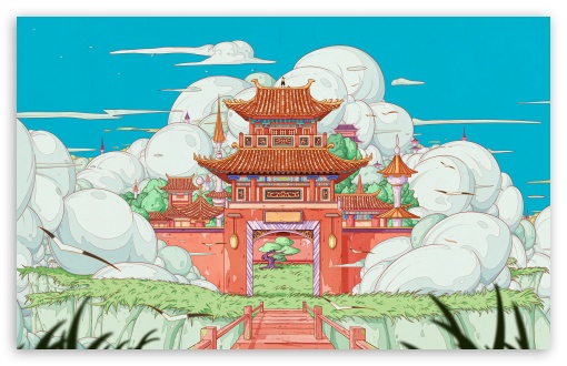Colorful East Asian Temple Illustration UltraHD Wallpaper for UHD 16:9 ; HD 16:9 ; UltraWide 21:9 24:10 ; Widescreen 16:10 ; Tablet 1:1 ; Mobile 9:16 9:19.5 9:20 ;