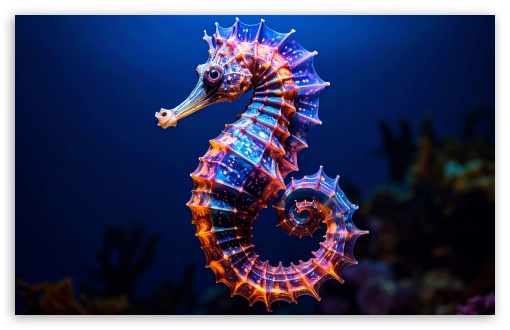 Colorful Seahorse, Dark Blue Water, Macro, Aesthetic UltraHD Wallpaper for UHD 16:9 ; HD 16:9 ; UltraWide 21:9 24:10 32:9 ; Widescreen 16:10 5:3 ; Fullscreen 4:3 5:4 3:2 ; Tablet 1:1 ; Mobile 3:4 ; Dual 16:9 ;