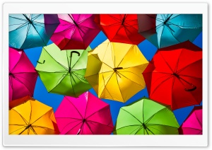 Colorful, Umbrellas, Sky, Floating, Street Art, Aesthetic, Cheerful, Whimsical 4K UHD Wallpaper for Widescreen and UltraWide Desktop, UltraHD TV, Smartphone, Tablet