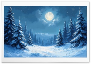 Coniferous Forest Winter Landscape illuminated by Moonlight Ultra HD Wallpaper for 4K UHD Widescreen Desktop, Lockscreen, Screensaver, TV, Tablet, Smartphone