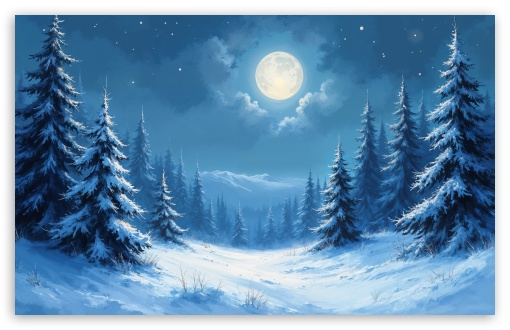 Coniferous Forest Winter Landscape illuminated by Moonlight UltraHD Wallpaper for UHD 16:9 ; HD 16:9 ; UltraWide 21:9 24:10 ; Widescreen 16:10 5:3 ; Fullscreen 4:3 5:4 3:2 ; Tablet 1:1 ; Mobile 9:16 9:19.5 9:20 9:21 9:22 10:16 2:3 3:5 3:4 ; Dual 5:4 ;