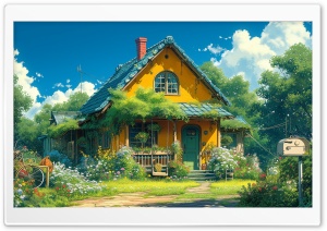 Countryside House Surrounded by Flowers and Trees Illustration Ultra HD Wallpaper for 4K UHD Widescreen Desktop, Lockscreen, Screensaver, TV, Tablet, Smartphone