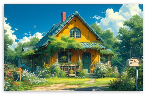 Countryside House Surrounded by Flowers and Trees Illustration UltraHD Wallpaper for HD 16:9 ; UltraWide 21:9 24:10 ; Widescreen 16:10 5:3 ; Fullscreen 4:3 5:4 3:2 ; Tablet 1:1 ; Mobile 9:16 9:19.5 9:20 10:16 2:3 3:5 3:4 ;