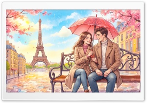 Couple on a Bench Near the Eiffel Tower Illustration 4K UHD Wallpaper for Widescreen and UltraWide Desktop, UltraHD TV, Smartphone, Tablet