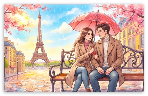 Couple on a Bench Near the Eiffel Tower Illustration UltraHD Wallpaper for HD 16:9 ; UltraWide 21:9 24:10 32:9 32:10 ; Widescreen 16:10 5:3 ; Fullscreen 4:3 5:4 3:2 ; Tablet 1:1 ; Mobile 9:16 9:19.5 9:20 10:16 2:3 3:5 3:4 ; Dual 16:10 5:3 16:9 4:3 5:4 3:2 ;