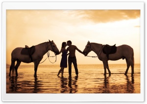 Couple With Horses On Beach 4K UHD Wallpaper for Widescreen and UltraWide Desktop, UltraHD TV, Smartphone, Tablet