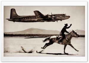 Cowboy, Horse, Running, Flying, Airplane, Vintage 4K UHD Wallpaper for Widescreen and UltraWide Desktop, UltraHD TV, Smartphone, Tablet