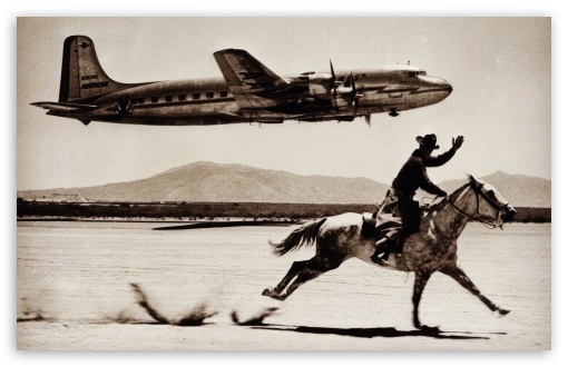 Cowboy, Horse, Running, Flying, Airplane, Vintage UltraHD Wallpaper for UHD 16:9 ; HD 16:9 ; UltraWide 21:9 24:10 ; Widescreen 16:10 5:3 ; Fullscreen 3:2 ; Tablet 1:1 ;