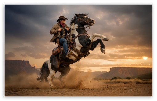 Cowboy on a Rearing Horse UltraHD Wallpaper for UHD 16:9 ; HD 16:9 ; UltraWide 21:9 24:10 ; Widescreen 16:10 5:3 ; Fullscreen 4:3 5:4 3:2 ; Tablet 1:1 ; Mobile 3:4 ;