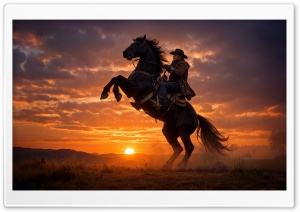 Cowboy on a Rearing Horse at Sunset 4K UHD Wallpaper for Widescreen and UltraWide Desktop, UltraHD TV, Smartphone, Tablet