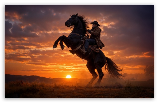 Cowboy on a Rearing Horse at Sunset UltraHD Wallpaper for UHD 16:9 ; HD 16:9 ; UltraWide 21:9 24:10 ; Widescreen 16:10 5:3 ; Fullscreen 4:3 5:4 3:2 ; Tablet 1:1 ; Mobile 2:3 3:5 3:4 ;