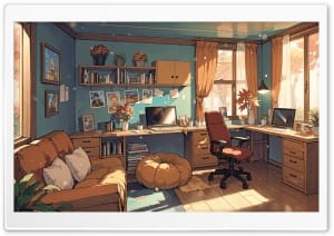 Cozy Anime Study Room Autumn Aesthetic Background 4K UHD Wallpaper for Widescreen and UltraWide Desktop, UltraHD TV, Smartphone, Tablet