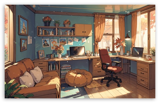 Cozy Anime Study Room Autumn Aesthetic Background UltraHD Wallpaper for UHD 16:9 ; HD 16:9 ; UltraWide 21:9 24:10 32:9 32:10 ; Widescreen 16:10 ; Tablet 1:1 ; Dual 16:10 16:9 ;