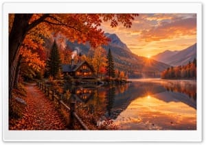 Cozy Autumn Cabin by the Lake 4K UHD Wallpaper for Widescreen and UltraWide Desktop, UltraHD TV, Smartphone, Tablet