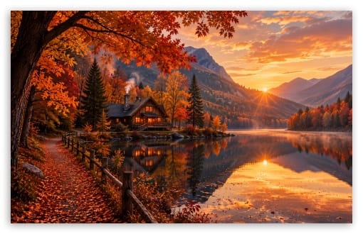 Cozy Autumn Cabin by the Lake UltraHD Wallpaper for UHD 16:9 ; HD 16:9 ; UltraWide 21:9 24:10 32:9 32:10 ; Widescreen 16:10 ; Tablet 1:1 ; Dual 16:10 16:9 ;