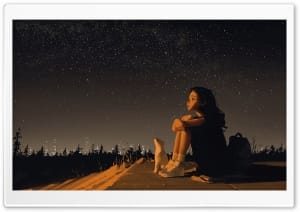 Cozy Girl and Cat Stargazing Anime Art 4K UHD Wallpaper for Widescreen and UltraWide Desktop, UltraHD TV, Smartphone, Tablet
