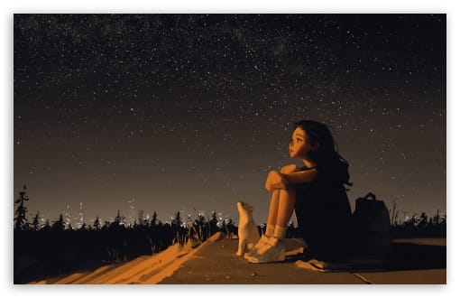 Cozy Girl and Cat Stargazing Anime Art UltraHD Wallpaper for UHD 16:9 ; HD 16:9 ; UltraWide 21:9 24:10 32:9 32:10 ; Widescreen 16:10 ; Tablet 1:1 ; Mobile 9:16 9:19.5 9:20 ; Dual 16:10 16:9 ;