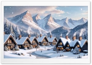 Cozy Village Nestled Against Snow-capped Mountains 4K UHD Wallpaper for Widescreen and UltraWide Desktop, UltraHD TV, Smartphone, Tablet