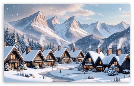 Cozy Village Nestled Against Snow-capped Mountains UltraHD Wallpaper for UHD 16:9 ; HD 16:9 ; UltraWide 21:9 24:10 32:10 ; Widescreen 16:10 ; Dual 16:10 ;