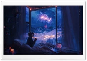 Cozy Winter Night with Fireworks 4K UHD Wallpaper for Widescreen and UltraWide Desktop, UltraHD TV, Smartphone, Tablet