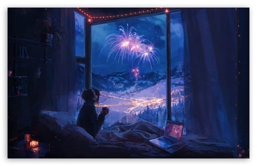 Cozy Winter Night with Fireworks UltraHD Wallpaper for UHD 16:9 ; HD 16:9 ; UltraWide 21:9 24:10 32:9 32:10 ; Widescreen 16:10 ; Tablet 1:1 ; Mobile 9:16 9:19.5 9:20 ; Dual 16:10 16:9 ;