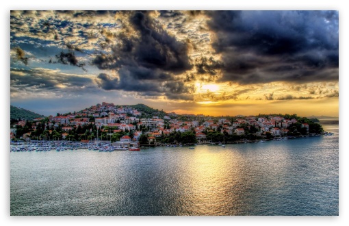 Croatia Houses Sea Sky Coast Dubrovnik Clouds UltraHD Wallpaper for HD 16:9 ; Widescreen 16:10 5:3 ; Fullscreen 4:3 5:4 3:2 ;