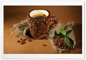 Cup Of Coffee Beans Leaves Ultra HD Wallpaper for 4K UHD Widescreen desktop, tablet & smartphone