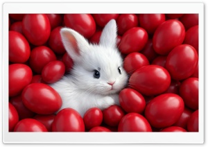 Cute Baby Bunny and Red Easter Eggs 4K UHD Wallpaper for Widescreen and UltraWide Desktop, UltraHD TV, Smartphone, Tablet