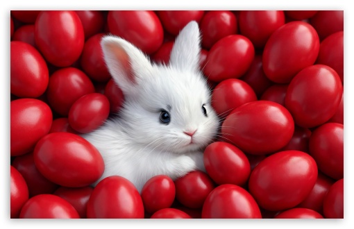 Cute Baby Bunny and Red Easter Eggs UltraHD Wallpaper for UHD 16:9 ; HD 16:9 ; UltraWide 21:9 24:10 32:9 32:10 ; Widescreen 16:10 ; Tablet 1:1 ; Mobile 9:16 ; Dual 16:10 16:9 ;